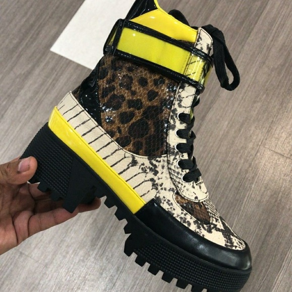 Snake/ Leopard Yellow Multi Combat Bootie - Picture 2 of 4